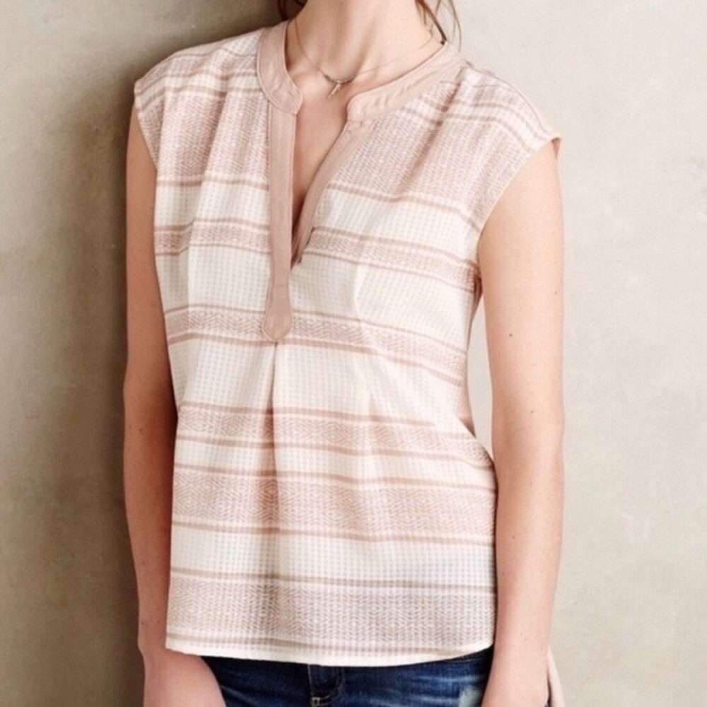 Anthropologie Postmark Egress Split Neck Striped High Low Blouse Tunic Size M
